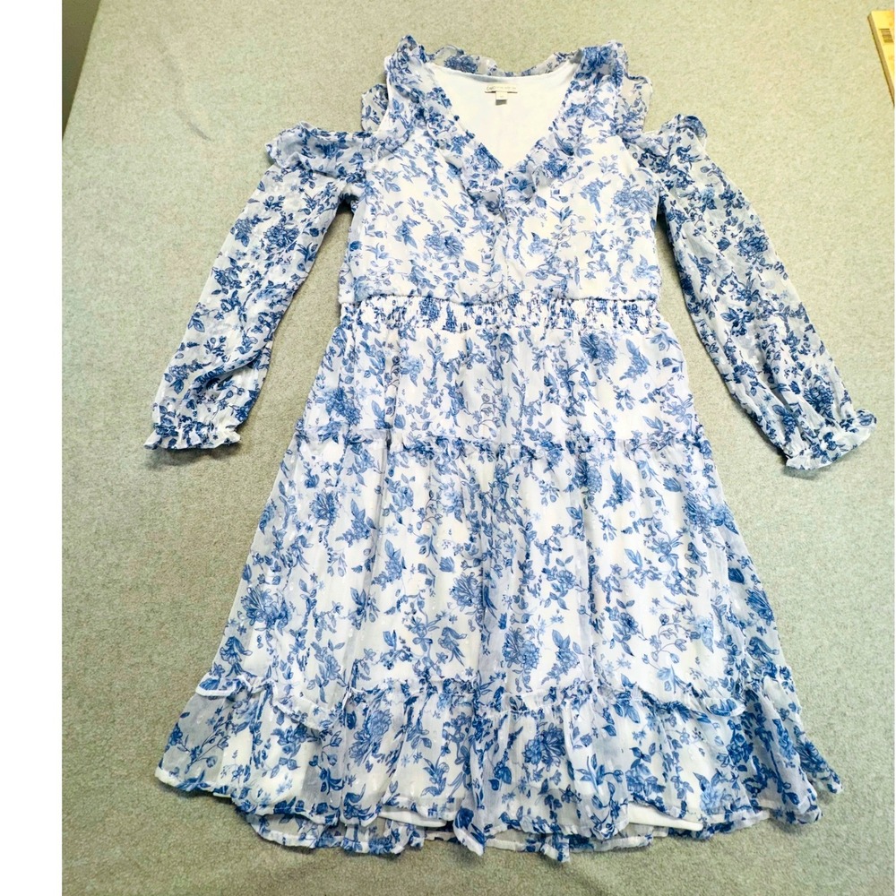 Cato Cold Shoulder Dress‎ Womens Medium Blue White Floral Tiered Ruffle Boho